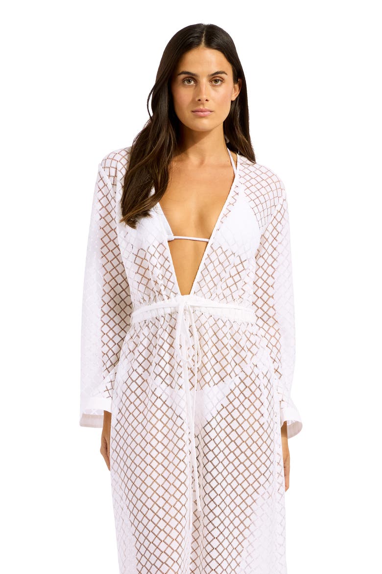 Tie Belt Long Sleeve Sheer Lace Cover-Up Dress, Alternate, color, WHITE