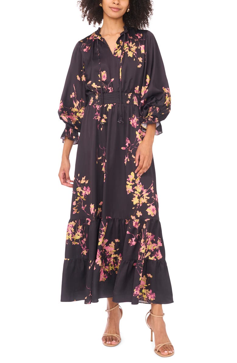 Vince Camuto Floral Print Smocked Maxi Dress, Main, color, Rich Black