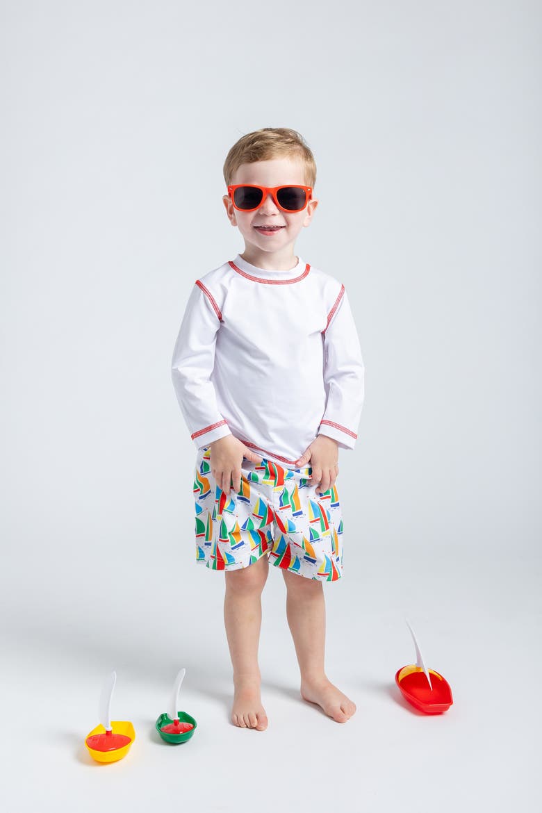 Sailboat Print Swim Trunk, Alternate, color, White / Multicolor