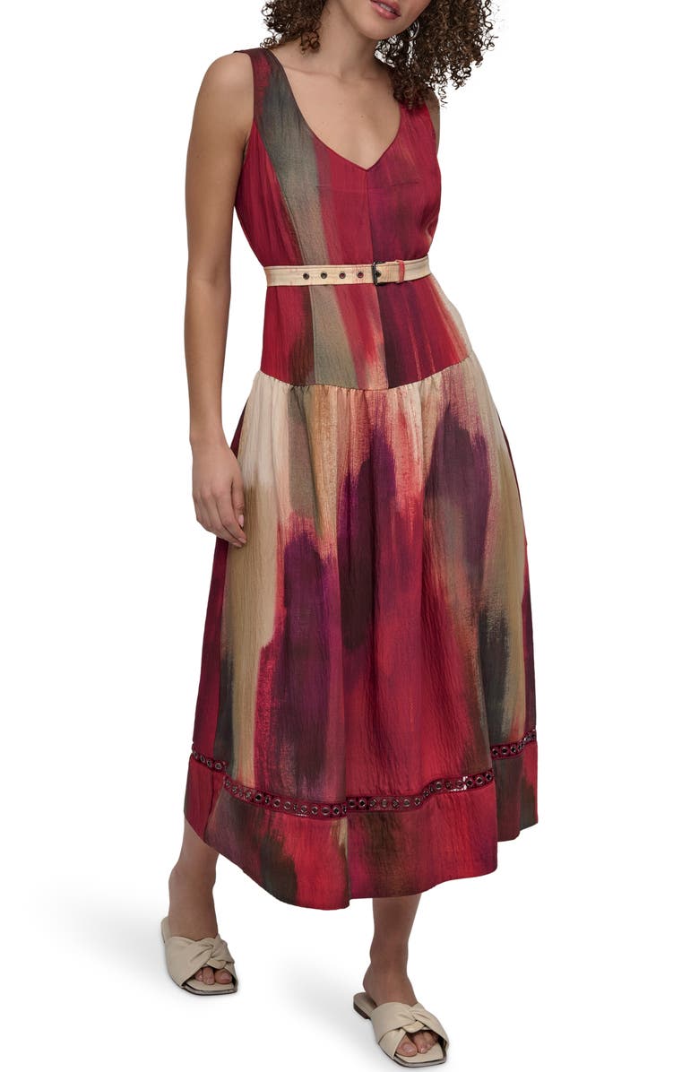DKNY Abstract Print Drop Waist Sleeveless Dress, Main, color, June Brush Stroke