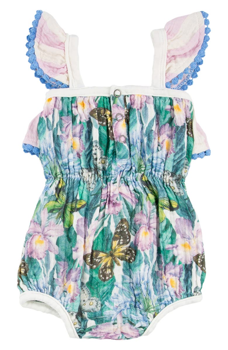 Miki Miette Willa Floral Ruffle Shoulder Bubble Romper, Alternate, color, Wonderland