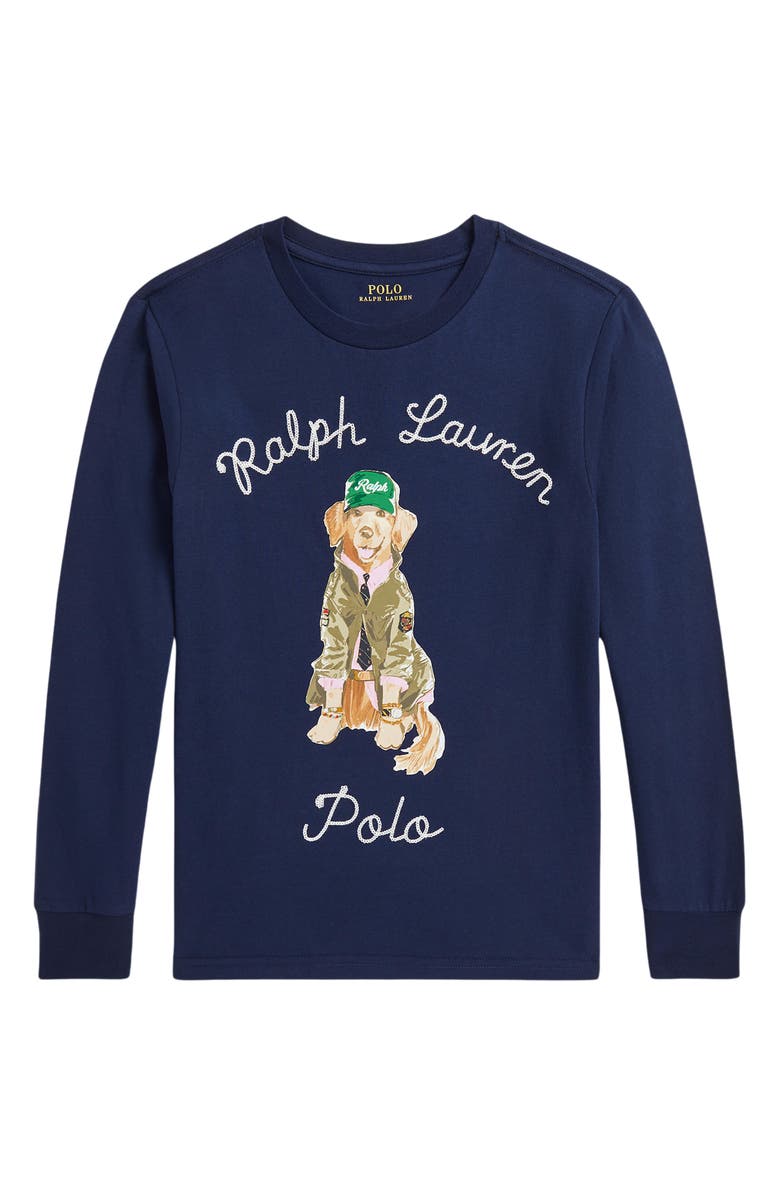 Polo Ralph Lauren Kids' Embroidered Dog Print Long Sleeve Graphic T-Shirt, Main, color, Navy