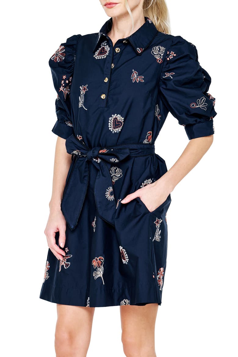 Scarlette Floral Embroidery Cotton Shirtdress, Alternate, color, BLACK