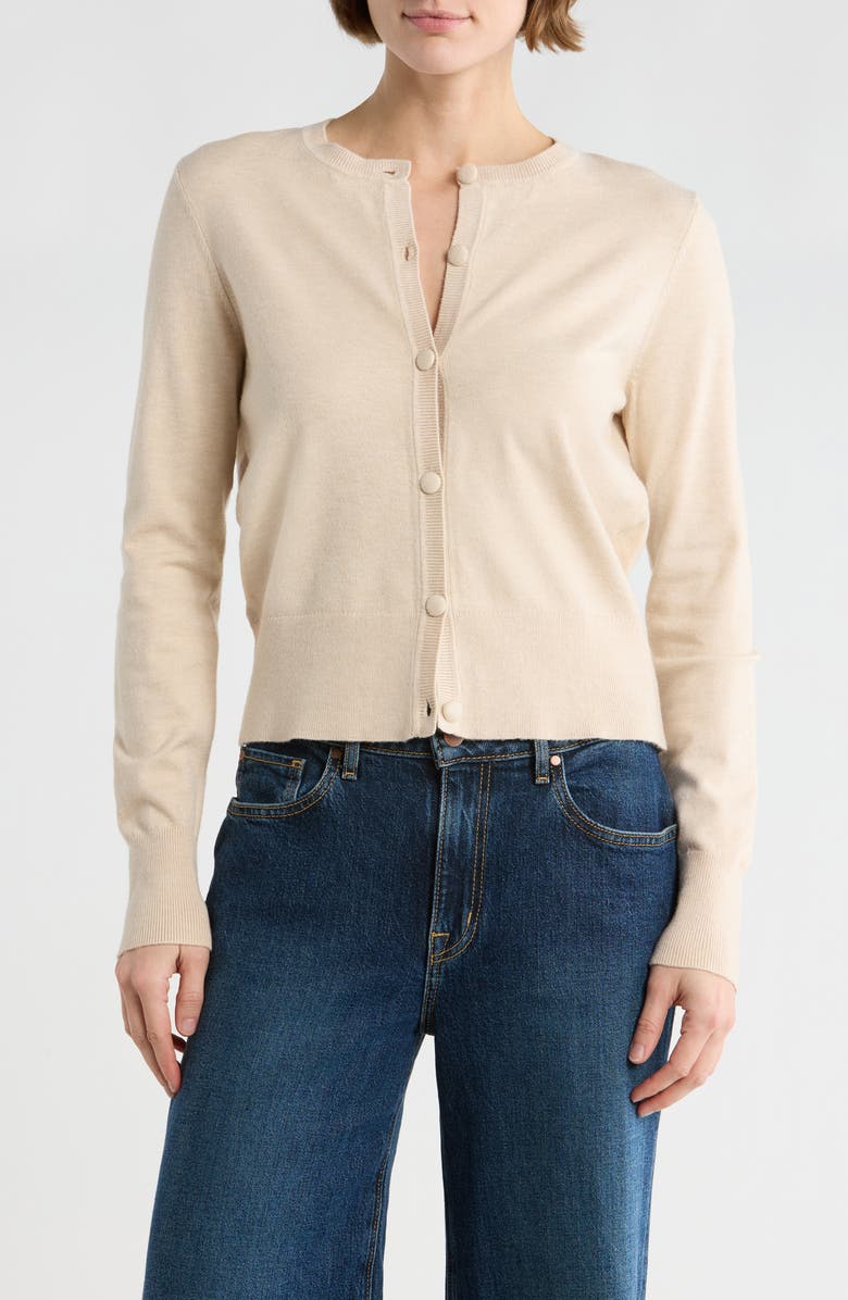 French Connection Covered Button Cardigan, Main, color, Oatmeal Mel