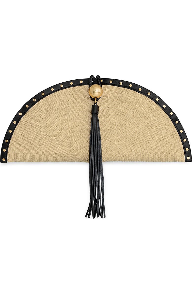 Rebecca Minkoff Half Moon Studded Straw Clutch, Main, color, Light Natural/ Black