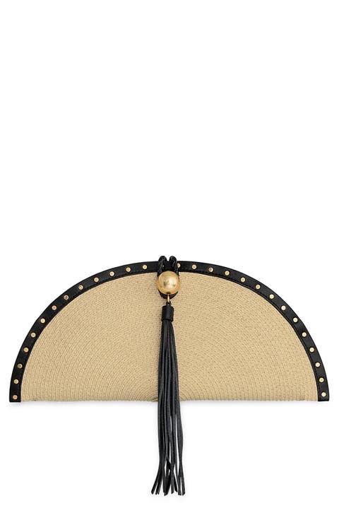 Half Moon Studded Straw Clutch