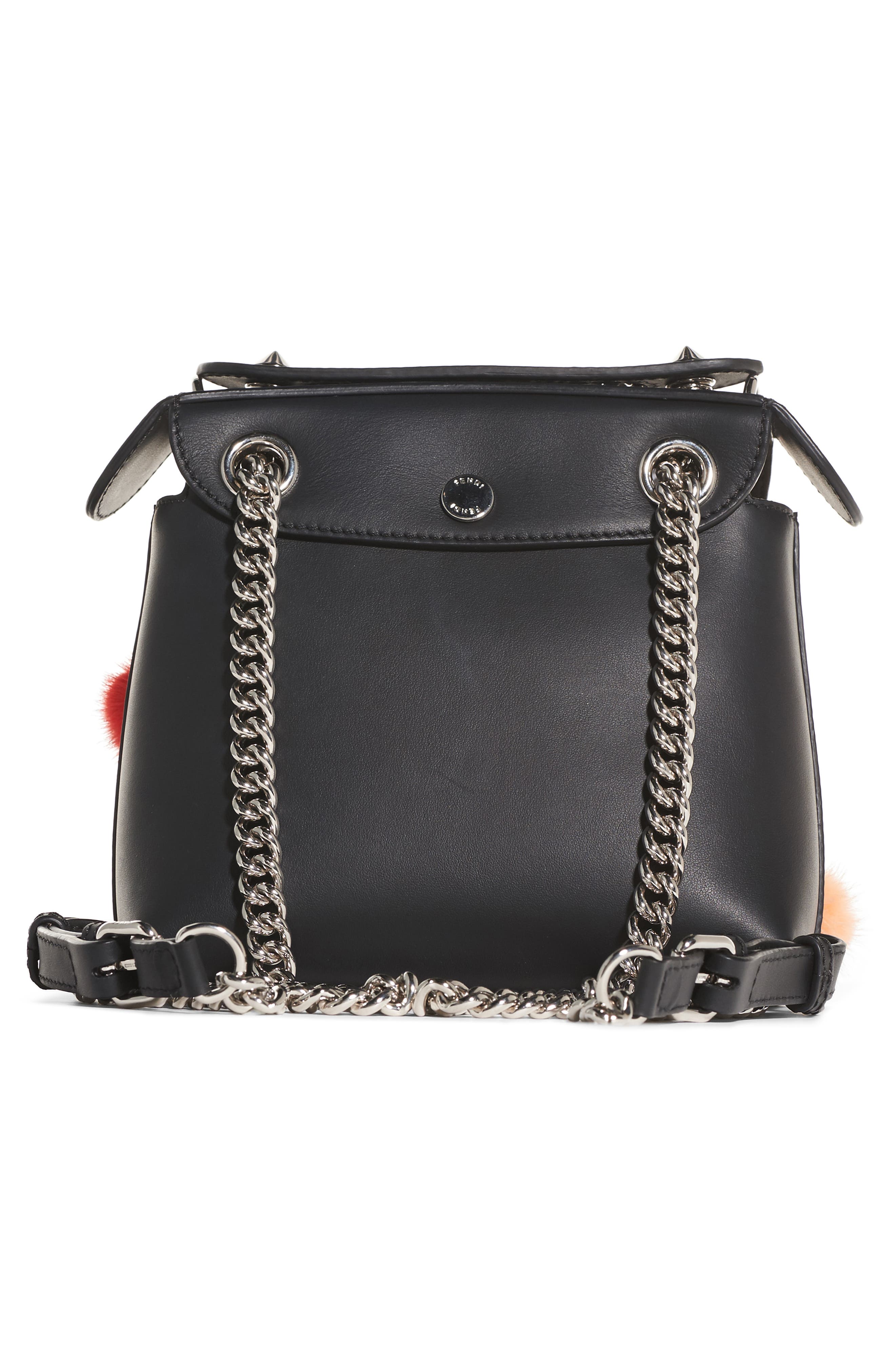 Fendi Mini Back to School Genuine Mink Fur Pompom Leather Shoulder Bag, Alternate, color, 