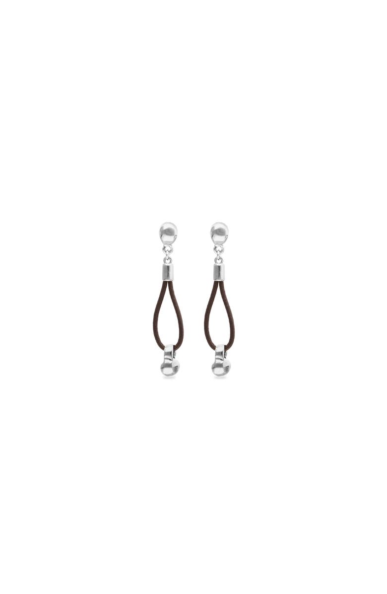 UNODE50 Long leather earrings with sterling silver-plated dial detail, Alternate, color, Silver