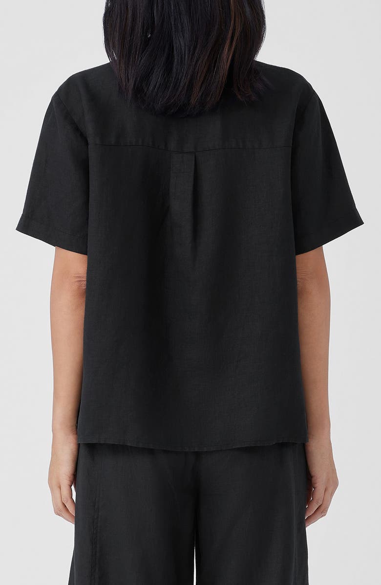Eileen Fisher Band Collar Short Sleeve Organic Linen Button-Up Shirt, Alternate, color, Black