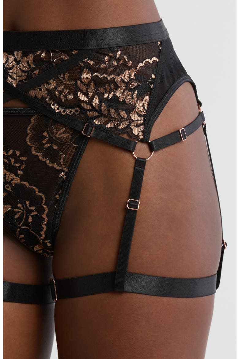 Strappy Underwire Bra, Thong & Garter Belt Set, Alternate, color, BLACK