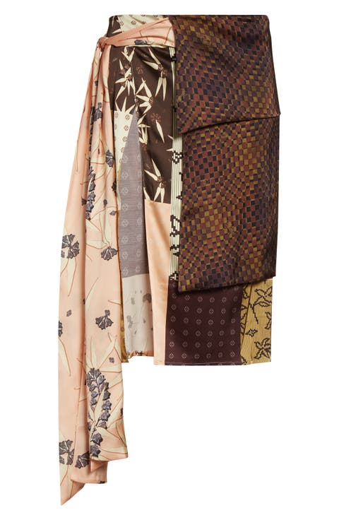 Zoe Patchwork Print Satin Skirt with Sash