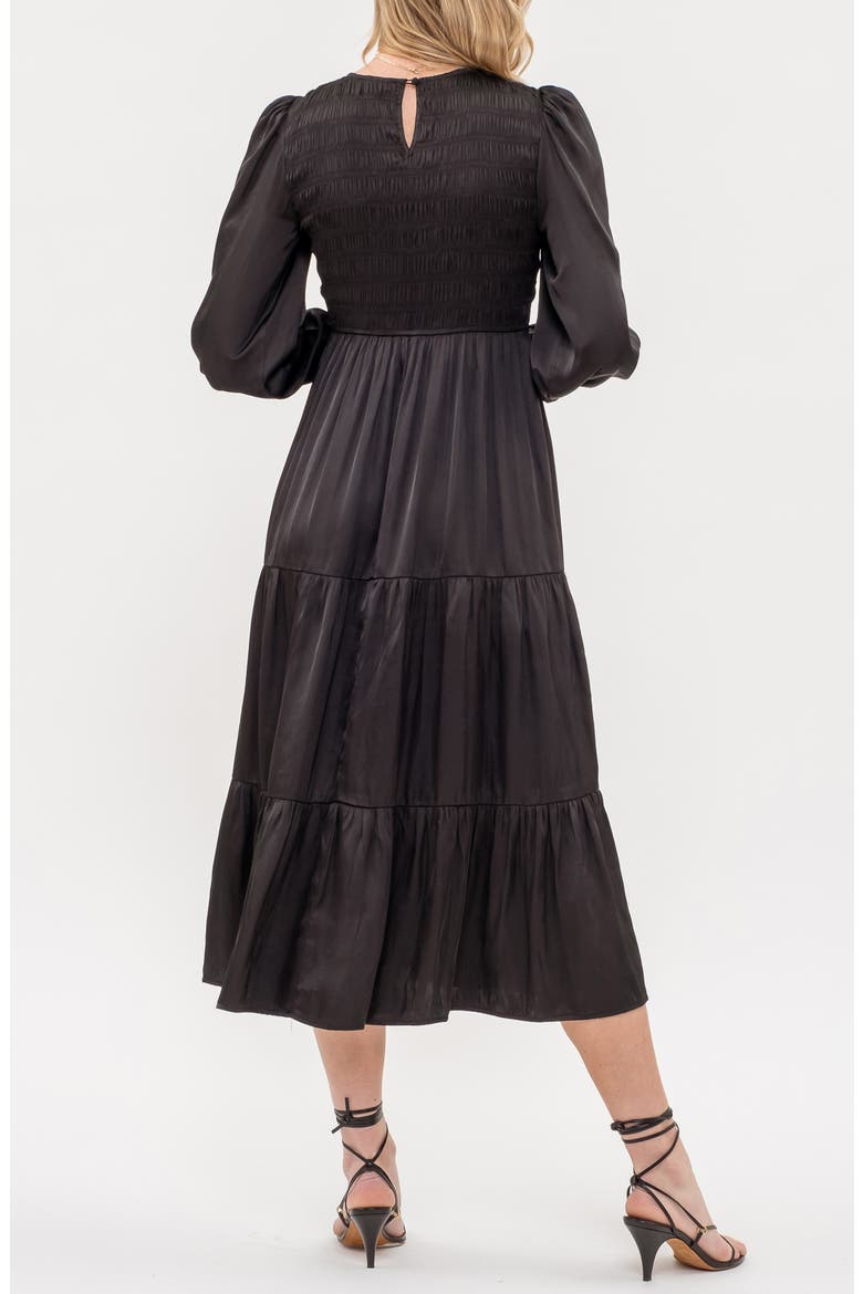 Satin Smocked Long Sleeve Dress, Alternate, color, BLACK