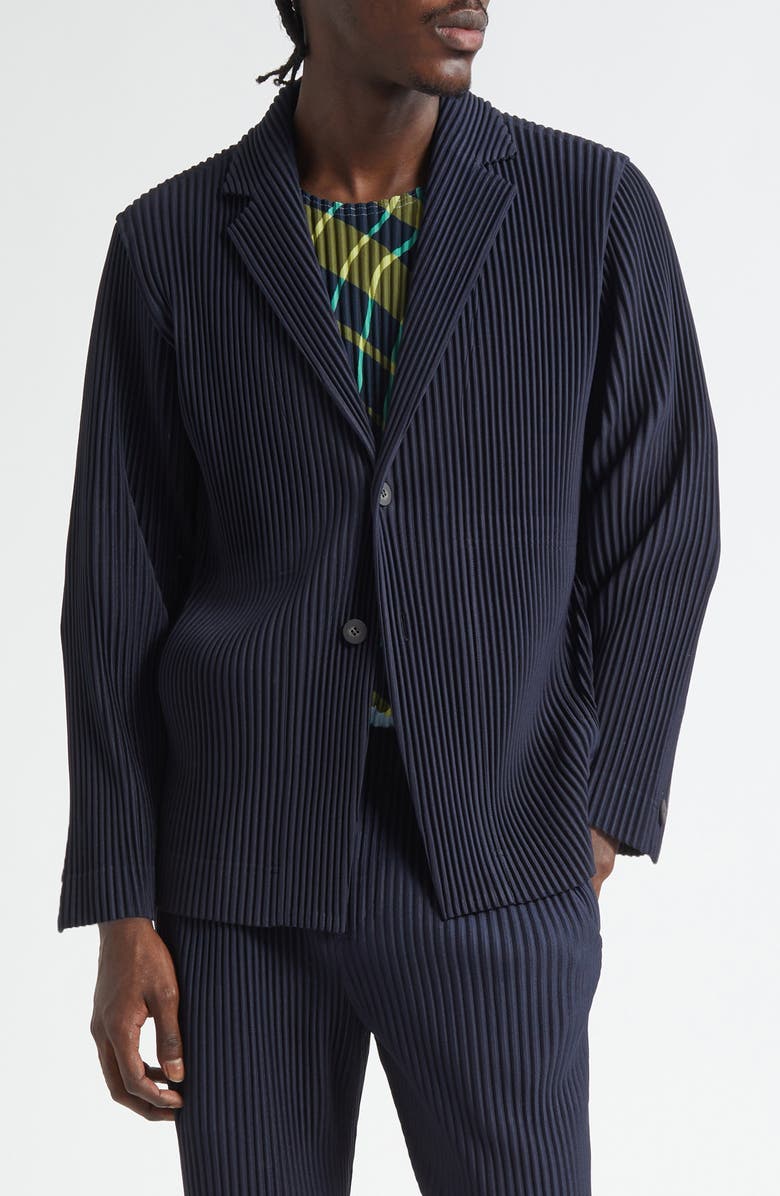 Homme Plissé Issey Miyake Basics Pleated Single Breasted Blazer, Main, color, Navy