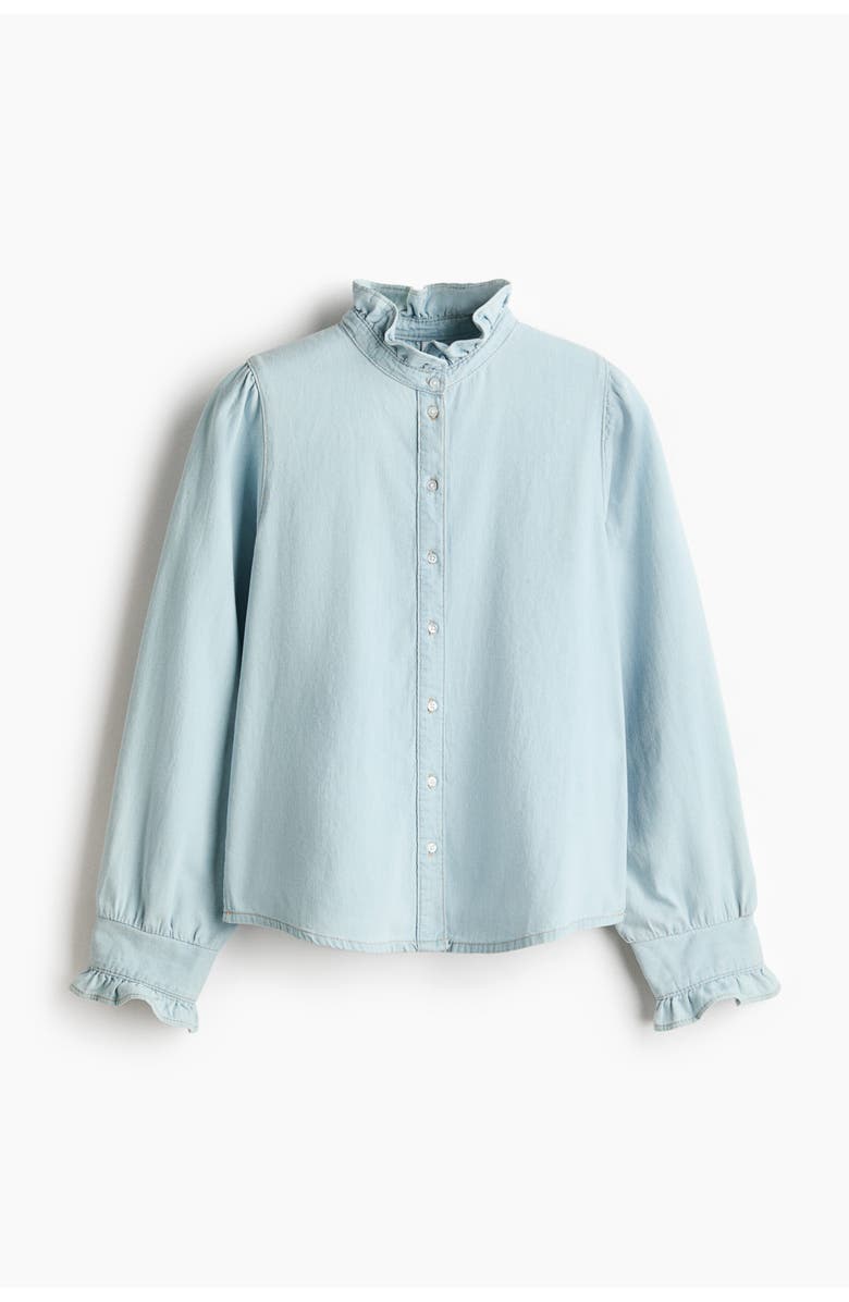 H&M Ruffle-trimmed denim blouse, Alternate, color, Pale Denim Blue