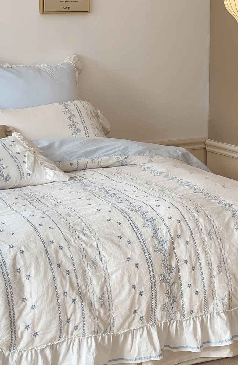 Ever Lasting Embroidered French Lace Ruffle Duvet Cover, Alternate, color, Blue
