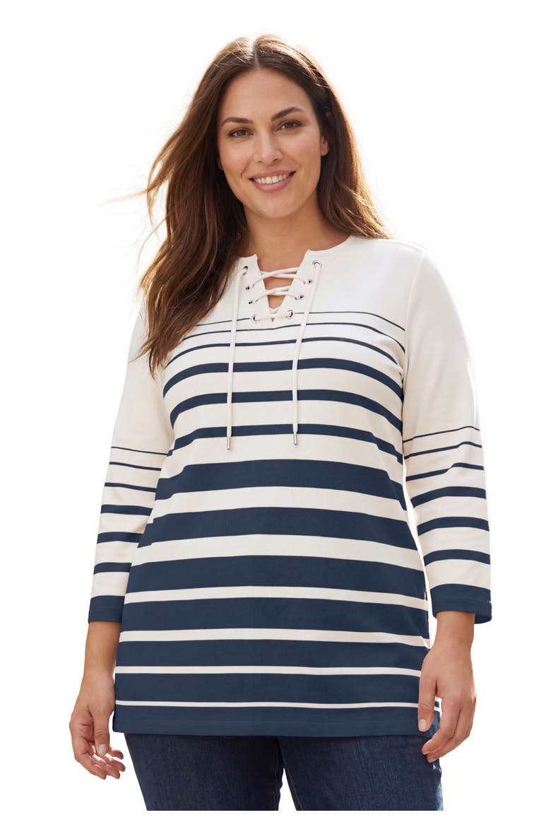Stretch Cotton Lace-Up Boatneck Tunic, Main, color, NAVY BORDER STRIPE