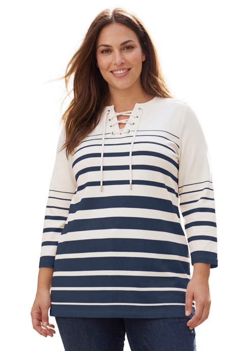 Stretch Cotton Lace-Up Boatneck Tunic (Plus)