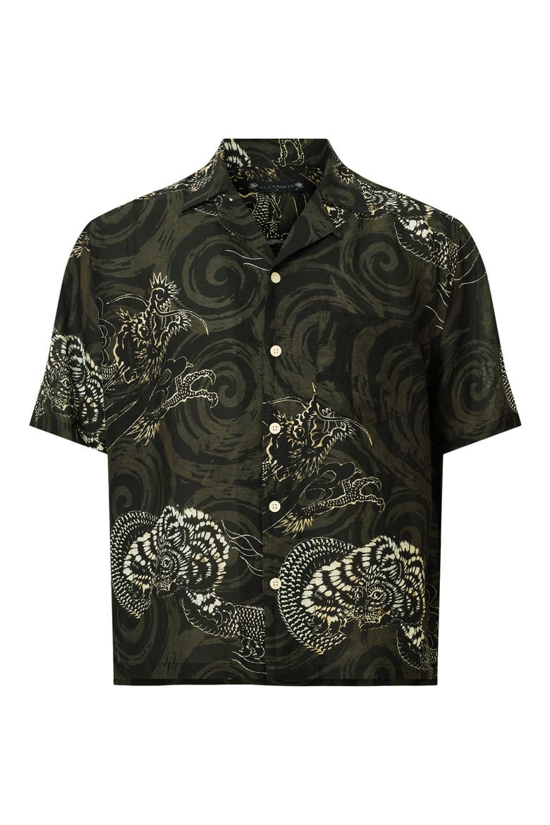 Sidewinder Dragon Print Viscose & Linen Camp Shirt, Alternate, color, KELP GREEN