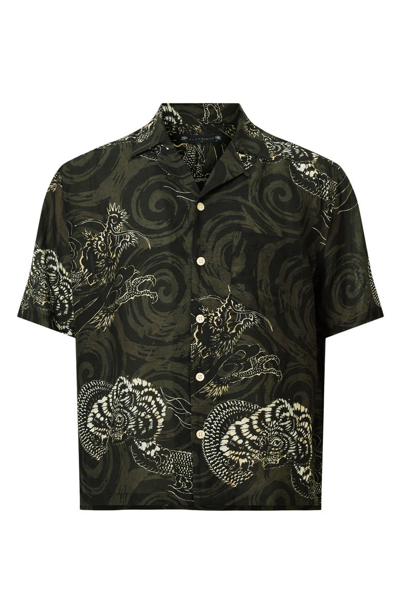 AllSaints Sidewinder Dragon Print Viscose & Linen Camp Shirt, Alternate, color, Kelp Green