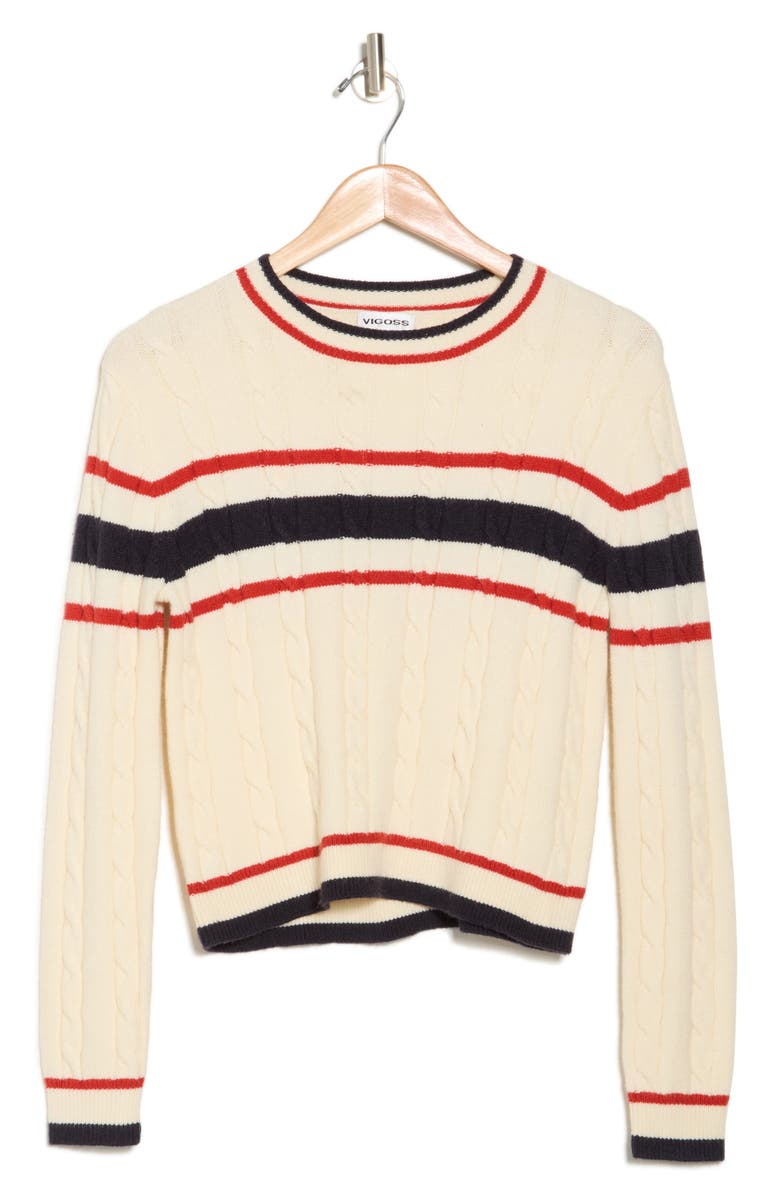 Vigoss Cable Prep Stripe Crewneck Sweater, Alternate, color, 