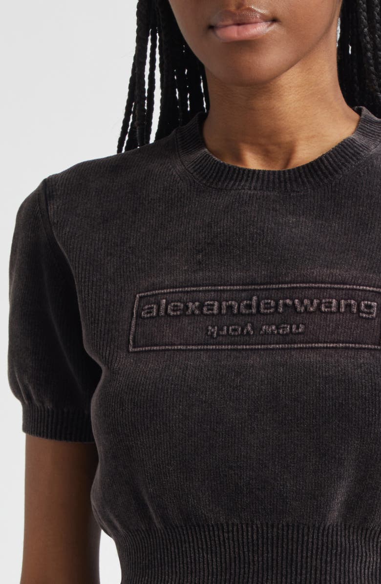 Alexander Wang Logo Short Sleeve Chenille Crop Sweater, Alternate, color, Washed Black