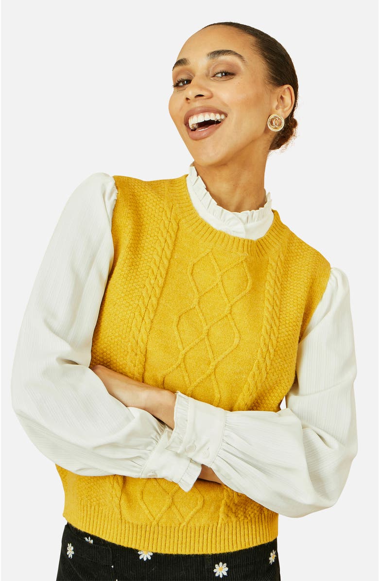 Yumi Cable Knit Sleeveless Jumper, Main, color, Mustard