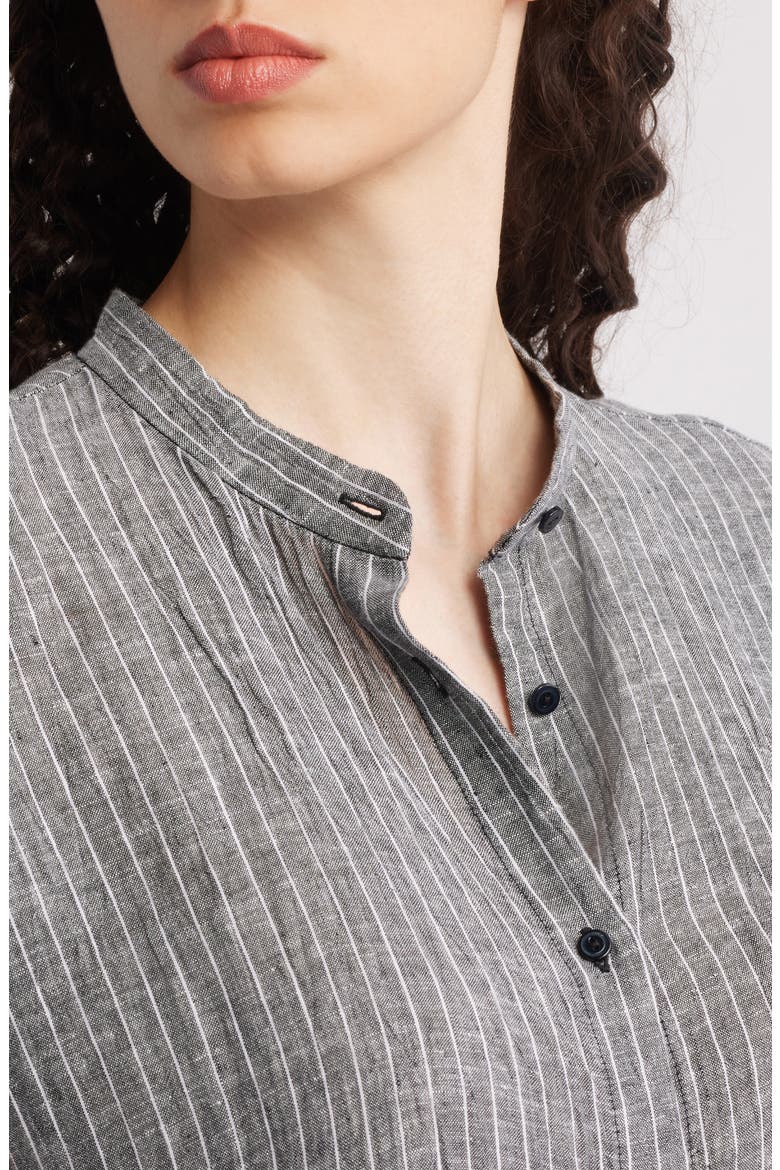 Pinstripe Short Sleeve Organic Linen Shift Dress, Alternate, color, BLKWH