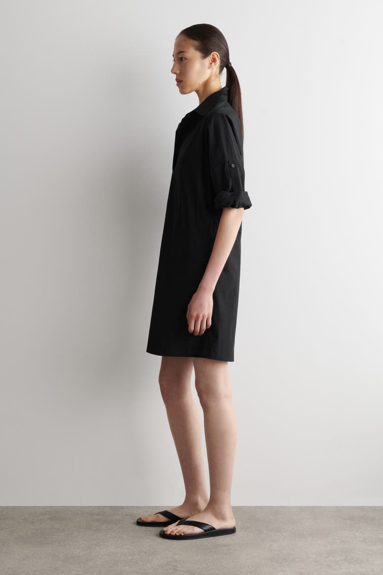 Cotton-poplin Short-sleeved Shirt Dress, Alternate, color, BLACK