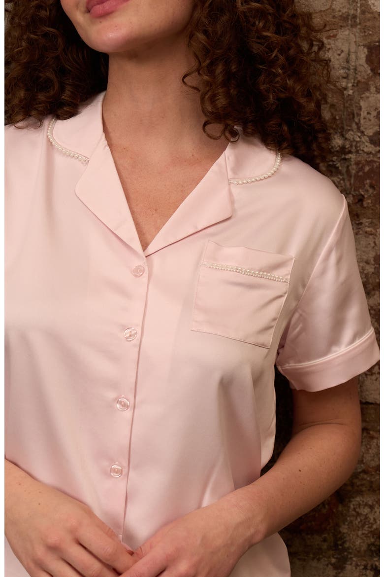 Satin Short Pajamas with Faux Pearl Trim, Alternate, color, BLUSH