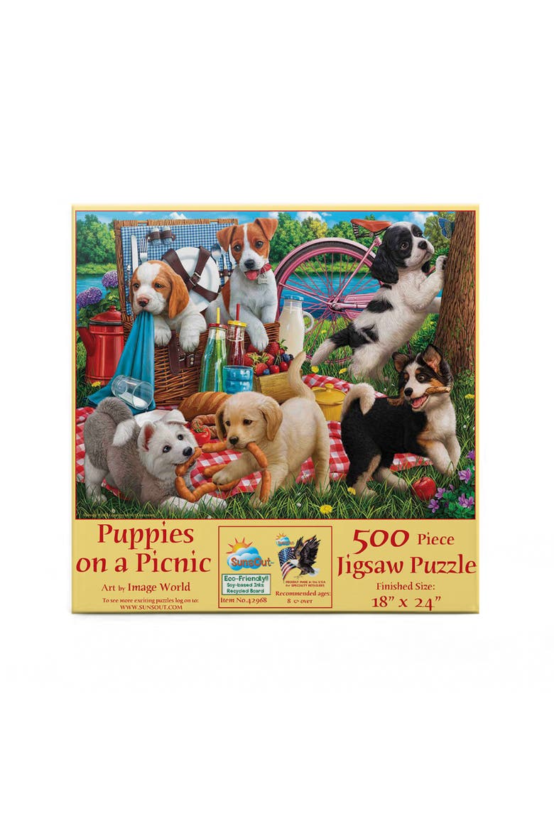 Puppies on a Picnic 500 piece Jigsaw Puzzle for Adults, Alternate, color, Multicolor