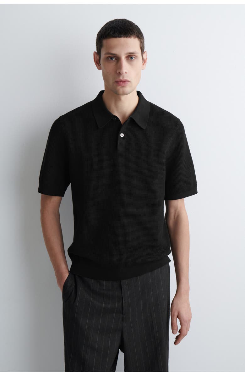 COS Waffle-Knit Cotton Polo Shirt, Main, color, Black