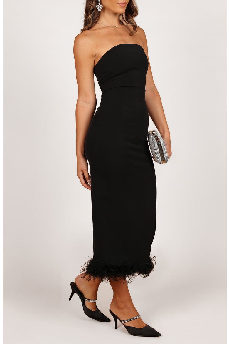 Clara Feather Trim Strapless Cocktail Midi Dress, Alternate, color, BLACK