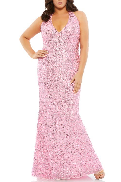 Mac Duggal Sequined Halter Strap Open Back Trumpet Gown In Pink