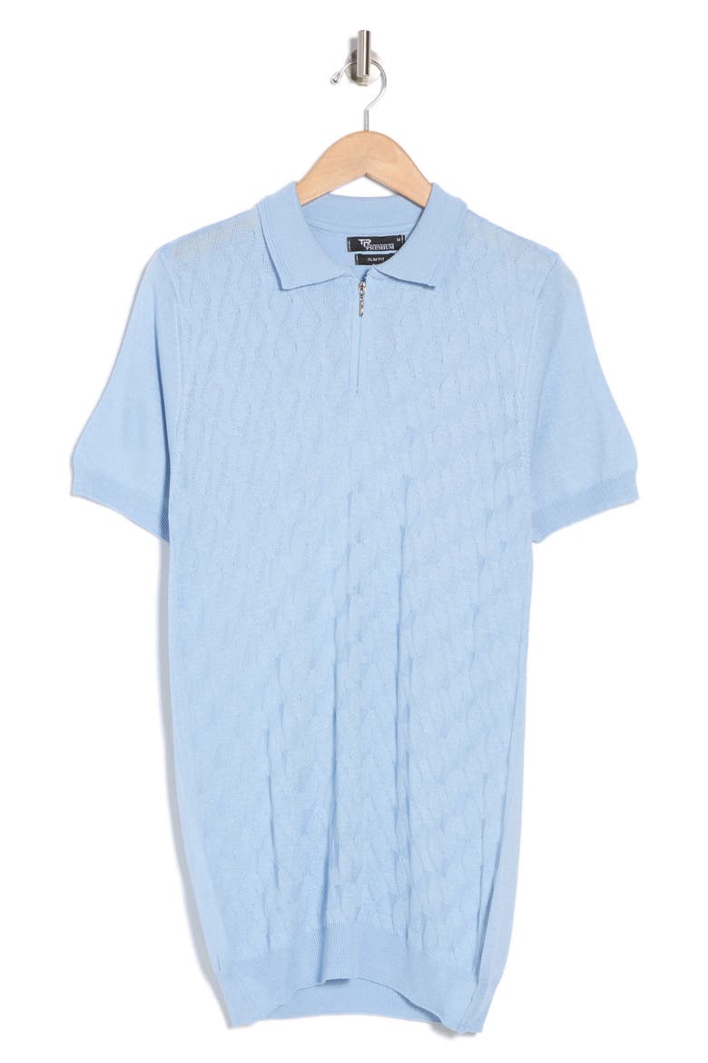 Short Sleeve Textured Knit Zip Polo, Alternate, color, BLUE