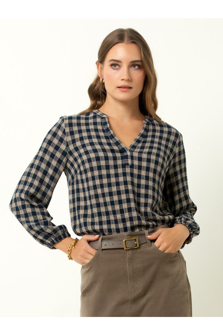 V-Neck Plaid Peasant Top, Main, color, Navy Plaid