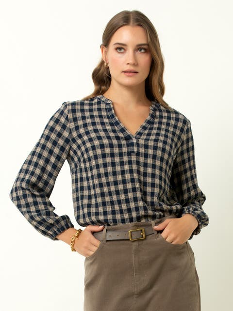 V-Neck Plaid Peasant Top