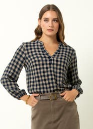 Single Stitch V-Neck Plaid Peasant Top