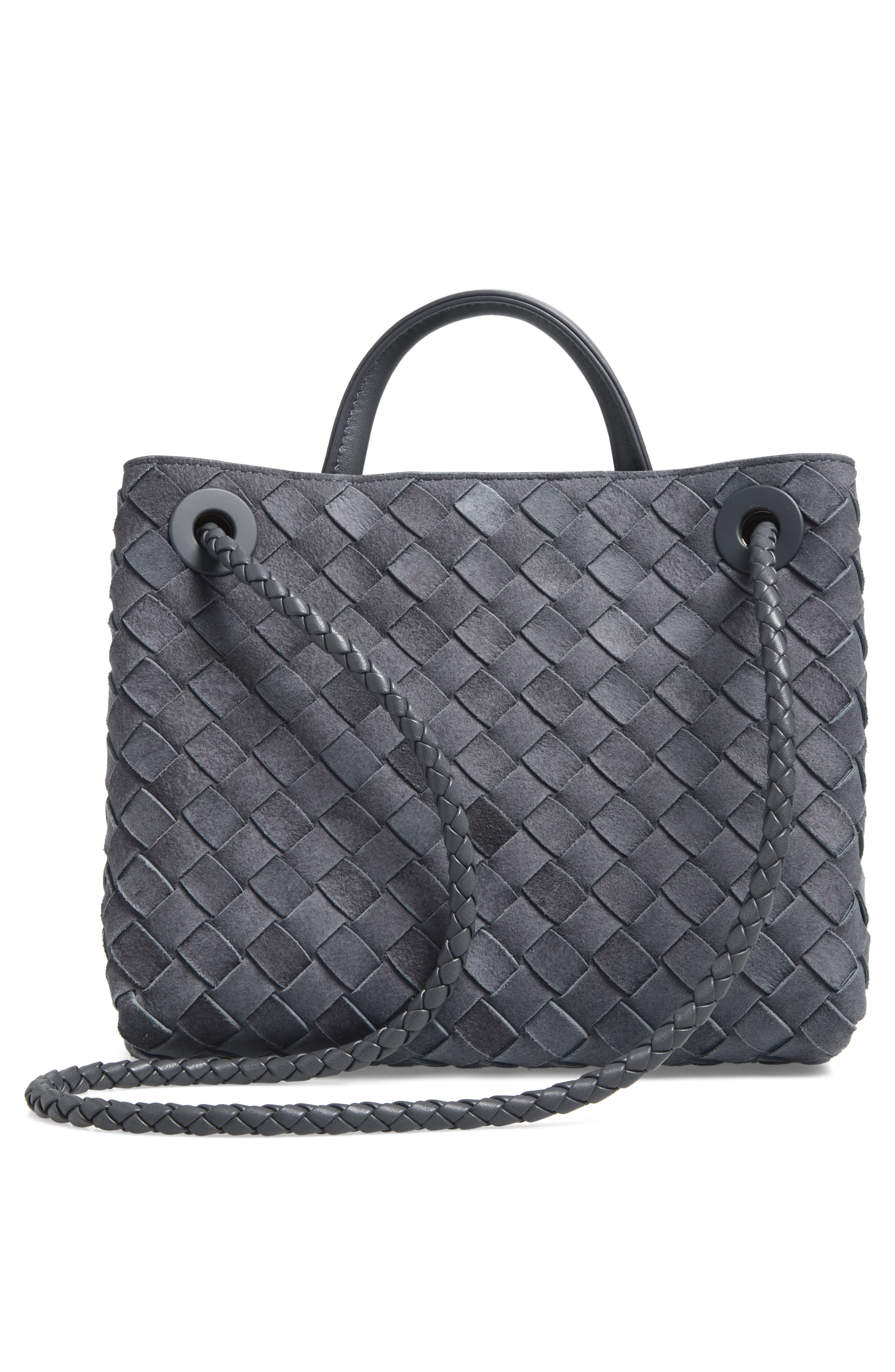 Bottega Veneta Small Andiamo Intrecciato Suede Top Handle Bag, Alternate, color, Cloudy Indigo