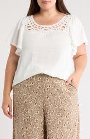 MAX STUDIO Lace Trim Flutter Sleeve Top