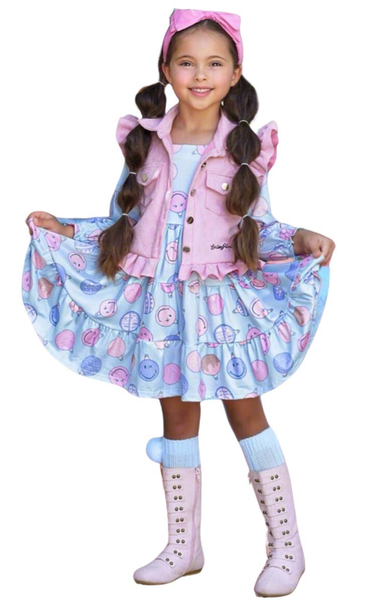 Mia Belle Girls Girls SmileyWorld Feeling Festive Faux Suede Vest and Dress Set, Main, color, Multicolor