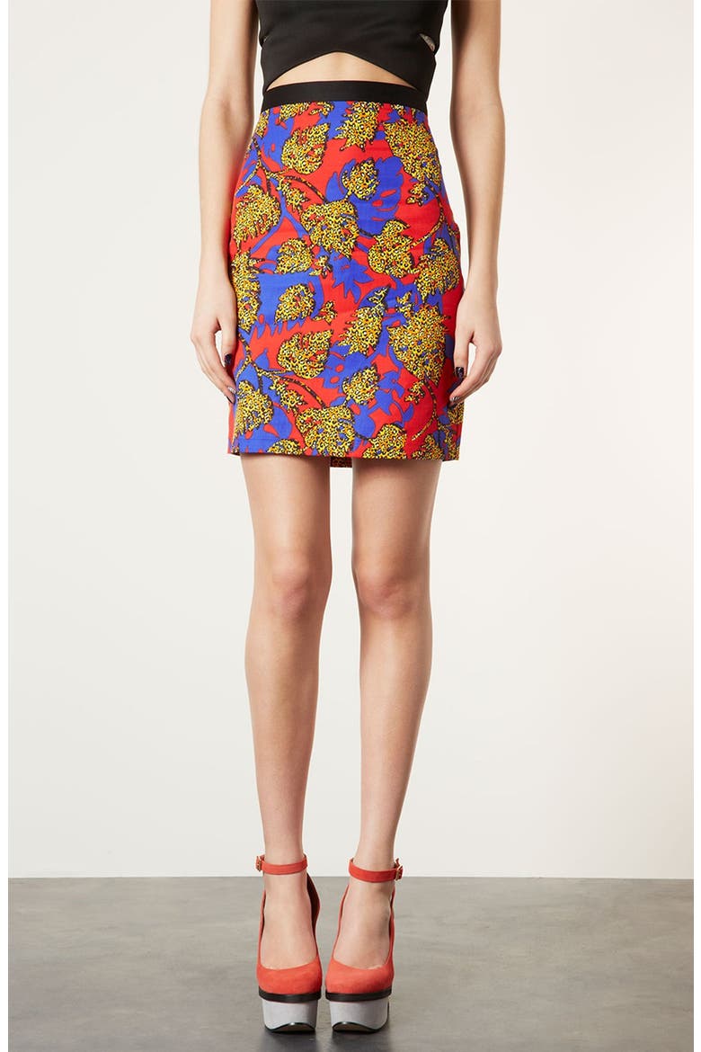 Leopard Leaf Print Pencil Skirt, Main, color, BLUE MULTI