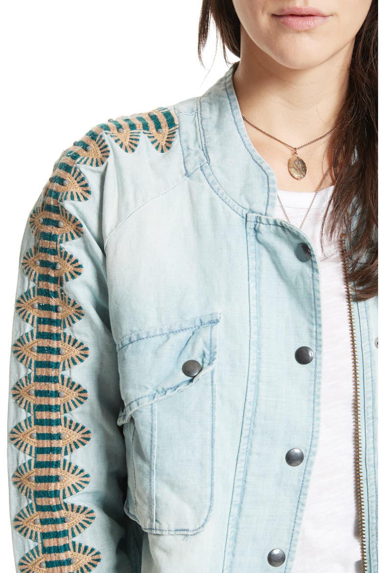 Embroidered Linen & Cotton Jacket, Alternate, color, BLUE