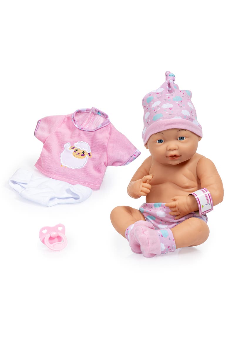 Bayer Design New Born Baby, Pink, Sheep with Outfit & Accessories, 15 Inch (38cm) Hard Body Doll, Main, color, Multicolored
