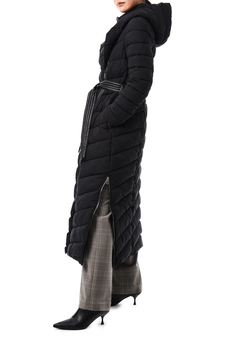 Belted Longline Hooded Puffer Jacket with Removable Bib, Alternate, color, BLACK