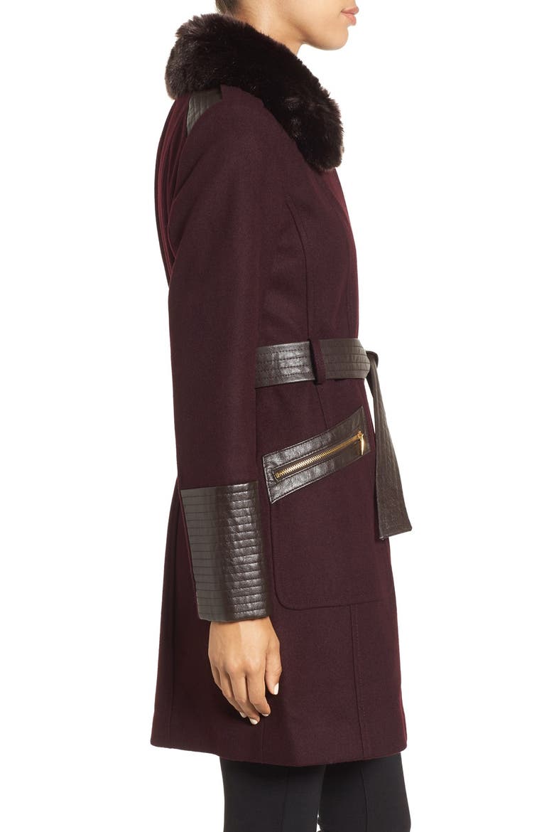 Faux Leather & Faux Fur Trim Belted Wool Blend Coat, Alternate, color, OLD WINE