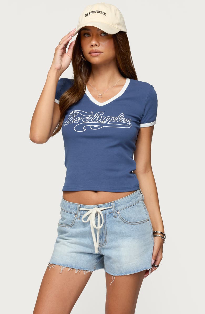 EDIKTED Los Angeles Crop Stretch Cotton T-Shirt, Alternate, color, Blue