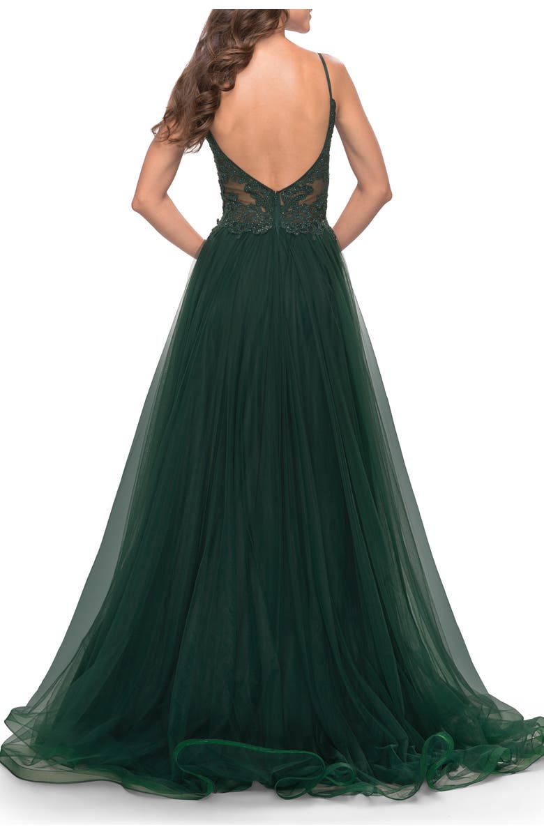 La Femme Tulle A-Line Gown with Lace Rhinestone Bodice, Alternate, color, Dark Emerald