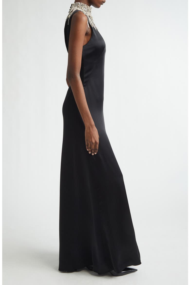Chain Mail Open Back Satin Gown, Alternate, color, BLACK
