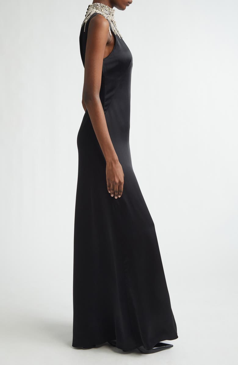 McQueen Chain Mail Open Back Satin Gown, Alternate, color, Black