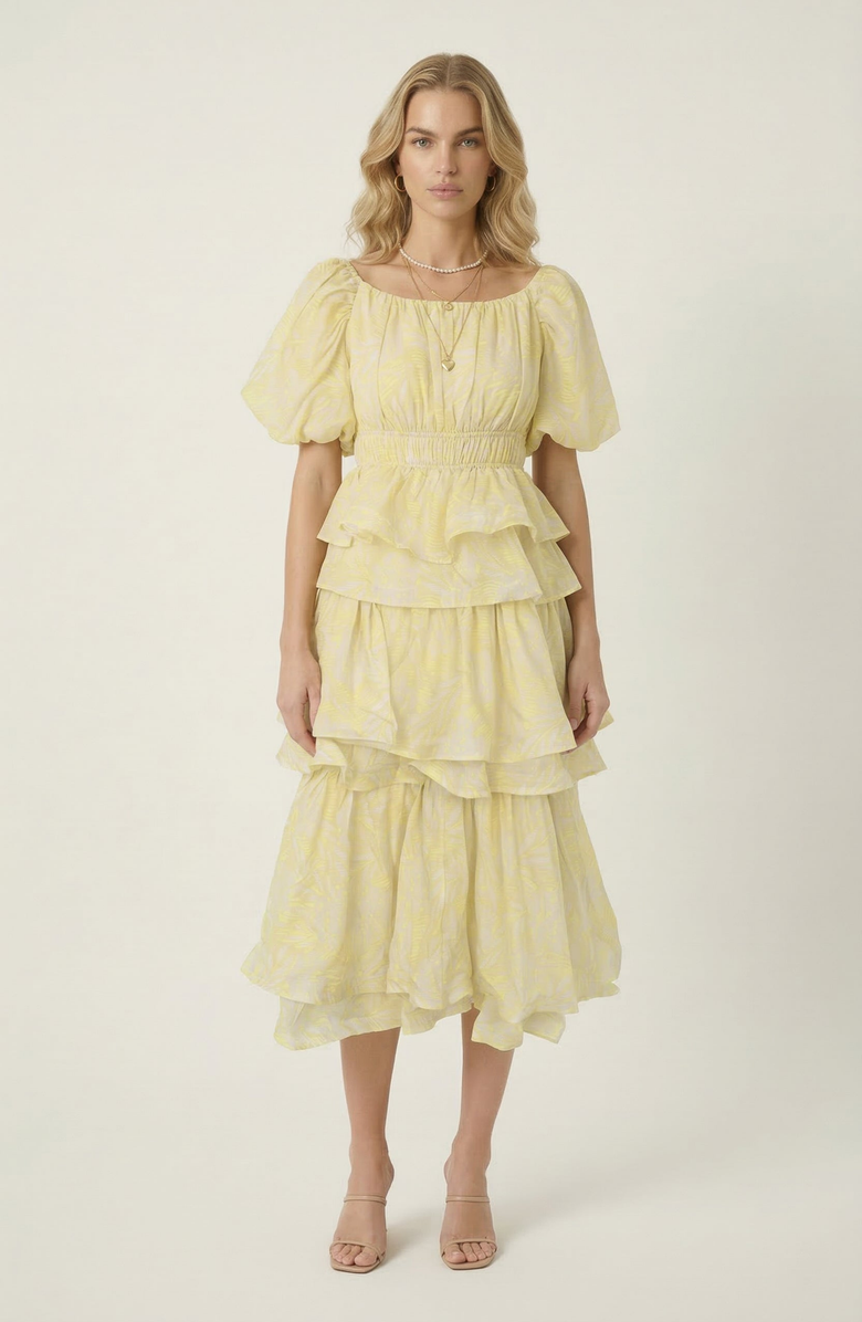 Modenaire Puff Sleeve Tiered Ruffle Midi Dress, Main, color, Pale Yellow